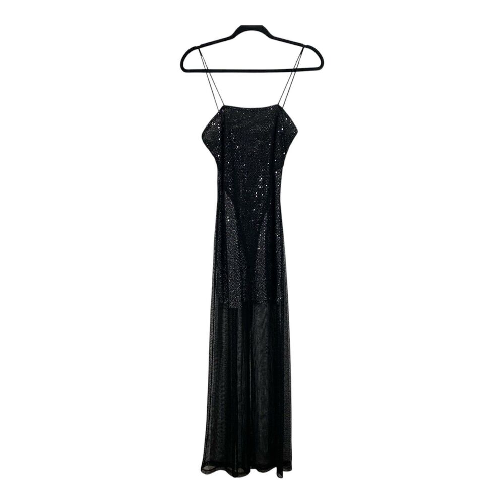 Sabora Dress Womens Small Black Metallic Maxi Sheer Overlay Formal Evening Y2K